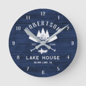 Rustieke Marine Blauw Hout Familie Lake House Tree Ronde Klok (Voorkant)