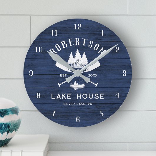 Rustieke Marine Blauw Hout Familie Lake House Tree Ronde Klok