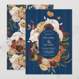 Rustieke Marine Blauw Hout Herfst Bloemen Krans Tr Kaart