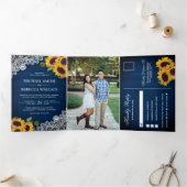 Rustieke Marine Blauw Houten Kant Zonnebloem Bruil Drieluik Uitnodiging (Binnen)