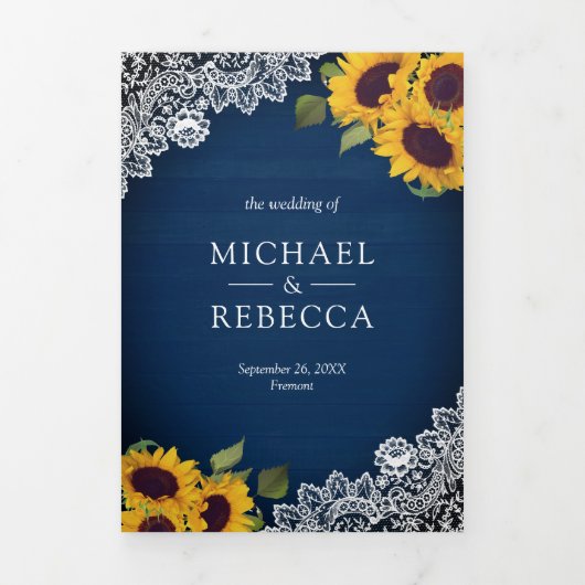 Rustieke Marine Blauw Houten Kant Zonnebloem Bruil Drieluik Uitnodiging (Cover)