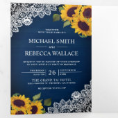 Rustieke Marine Blauw Houten Kant Zonnebloem Bruil Drieluik Uitnodiging (Binnenzijde eerst)