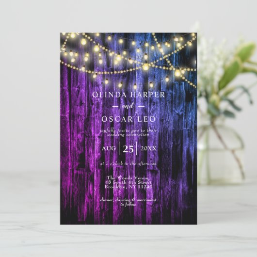 Rustieke Marine Blauw Houten Strijklichten Bruilof Kaart (Staand voorkant)