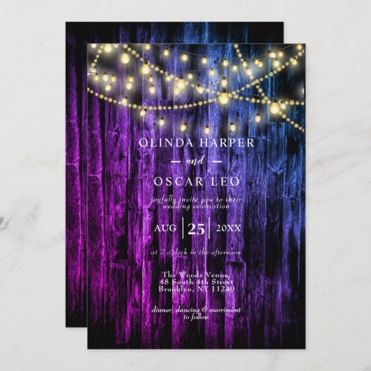 Rustieke Marine Blauw Houten Strijklichten Bruilof Kaart (Voorkant / Achterkant)