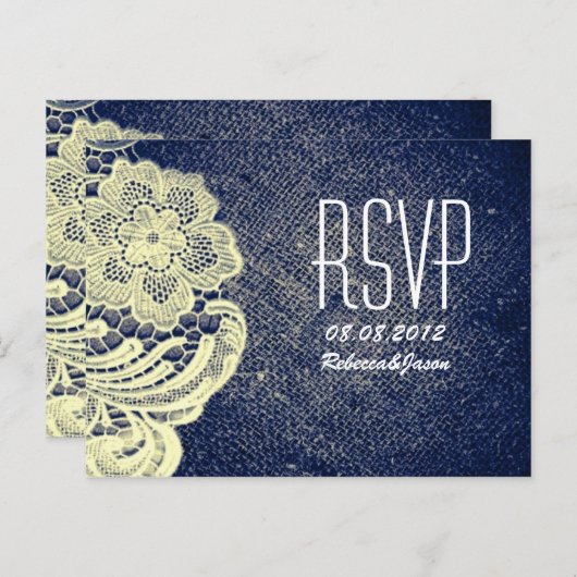 rustieke marine blauw jute kant land bruiloft RSVP Uitnodiging Briefkaart (Voorkant / Achterkant)