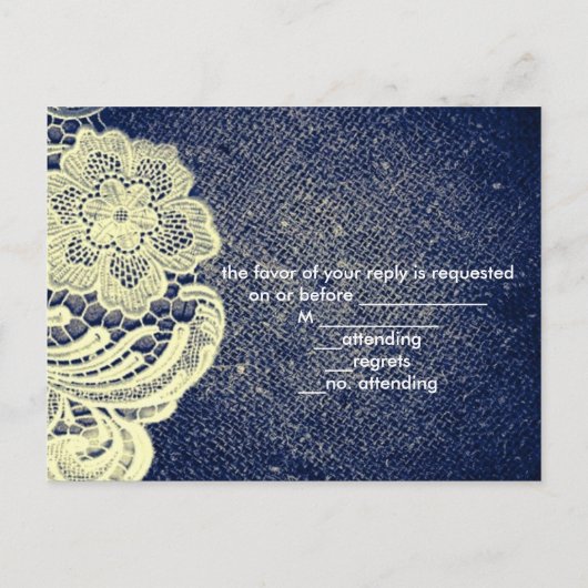 rustieke marine blauw jute kant land bruiloft RSVP Uitnodiging Briefkaart (Achterkant)