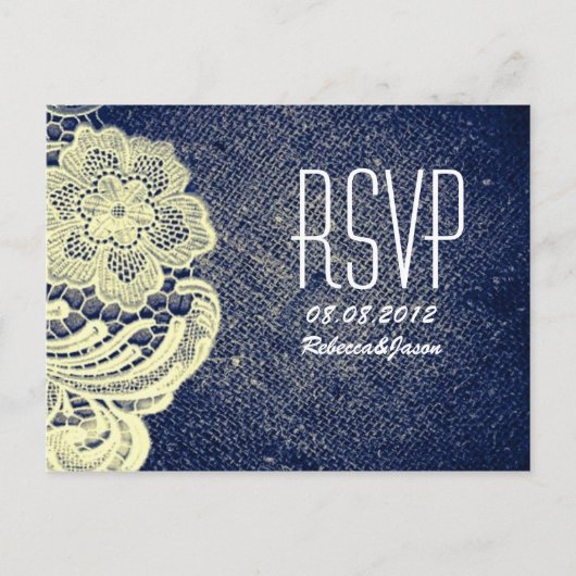 rustieke marine blauw jute kant land bruiloft RSVP Uitnodiging Briefkaart (Voorkant)