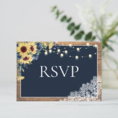 Rustieke Marine Blauw Zonnebloem Kant Hout Bruilof RSVP Kaartje (Staand voorkant)