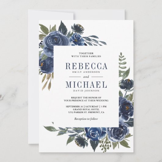 Rustieke Marine Blauwe Bloemen Alles in Een Huweli Kaart (Voorkant)