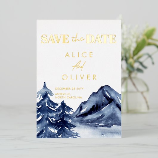 Rustieke marine blauwe bomen berg opslaan de datum folie uitnodiging (Staand Voorkant)
