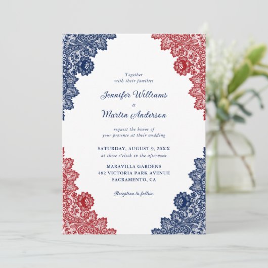 Rustieke Marine Blauwe en Rode Bloemen Kant Trouwe Kaart (Staand voorkant)