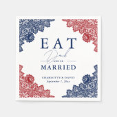 Rustieke Marine Blauwe en Rode Bloemen Kant Trouwe Servet (Voorkant)