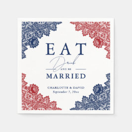 Rustieke Marine Blauwe en Rode Bloemen Kant Trouwe Servet