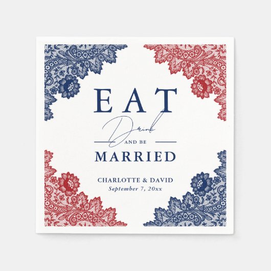 Rustieke Marine Blauwe en Rode Bloemen Kant Trouwe Servet (Voorkant)