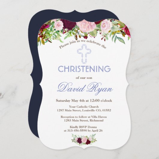 Rustieke Marine Blauwe Marsala Bloemendoop Kaart (Voorkant / Achterkant)