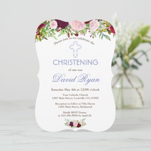 Rustieke Marine Blauwe Marsala Bloemendoop Kaart (Staand voorkant)