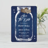 Rustieke Marine Blauwe Mason Jar Wood Wedding Save The Date (Staand voorkant)