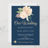 Rustieke marine blauwe perzik pioenrozen boeket br kaart (Voorkant)