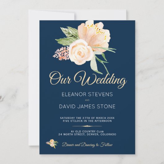 Rustieke marine blauwe perzik pioenrozen boeket br kaart (Voorkant)