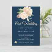 Rustieke marine blauwe perzik pioenrozen boeket br kaart (Staand voorkant)