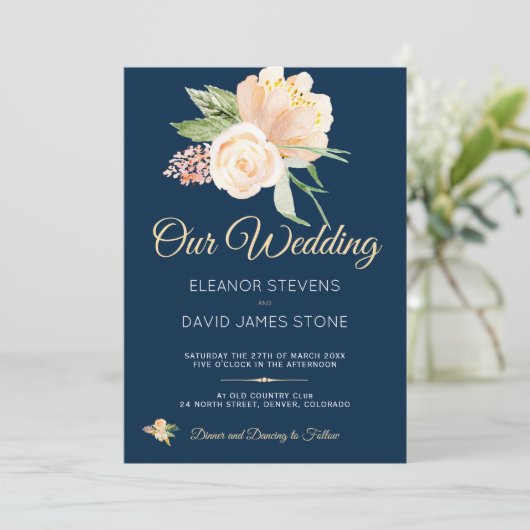 Rustieke marine blauwe perzik pioenrozen boeket br kaart (Staand voorkant)