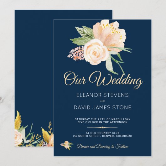 Rustieke marine blauwe perzik pioenrozen boeket br kaart (Voorkant / Achterkant)