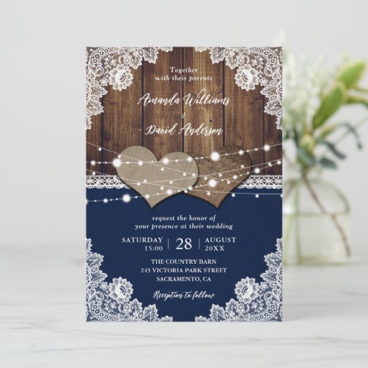 Rustieke Marine Blauwe Schuur Houten Burlap Kant B Kaart (Staand voorkant)