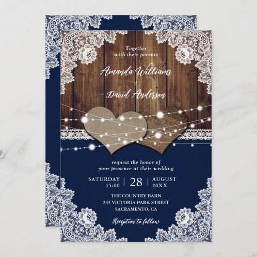 Rustieke Marine Blauwe Schuur Houten Burlap Kant B Kaart (Voorkant / Achterkant)