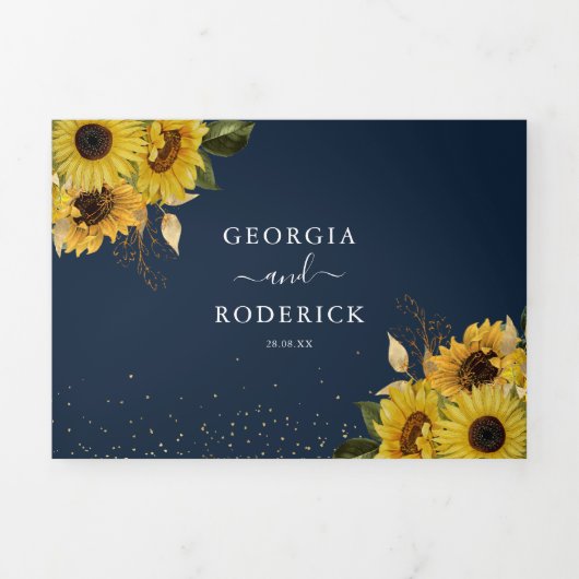 Rustieke Marine Blauwe Zonnebloem Bloemen Huwelijk Drieluik Uitnodiging (Cover)