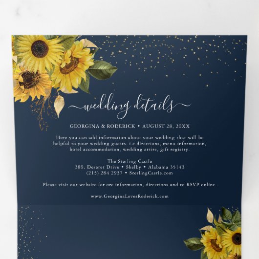 Rustieke Marine Blauwe Zonnebloem Bloemen Huwelijk Drieluik Uitnodiging (Binnenzijde eerst)