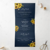 Rustieke Marine Blauwe Zonnebloem Bloemen Huwelijk Drieluik Uitnodiging (Binnen)