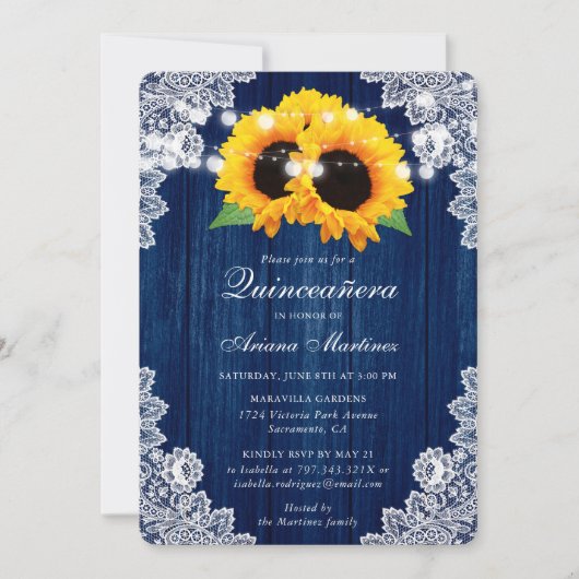 Rustieke Marine Blauwe Zonnebloem Hout Kant Quince Kaart (Voorkant)