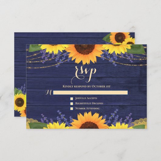 Rustieke Marine Blauwe Zonnebloem Lavendel Bruilof RSVP Kaartje (Voorkant / Achterkant)