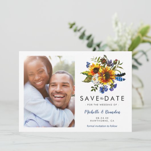 Rustieke Marine Blauwe Zonnebloem Save the Date Fo (Staand voorkant)