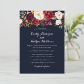 Rustieke Marine Bourgondische Floral bruiloft uitn Kaart (Staand voorkant)