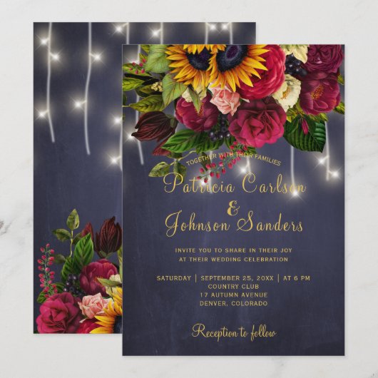 Rustieke marine en bordeaux winter bloemenbruiloft kaart (Voorkant / Achterkant)