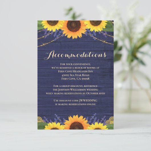 Rustieke Marine Hout Zonnebloem Bruiloft Accommoda Informatiekaartje (Staand voorkant)