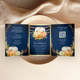 Rustieke Marine Hout Zonnebloem Pompoen QR Code Tr Drieluik Uitnodiging