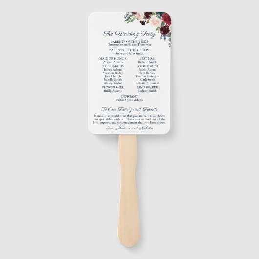 Rustieke Marine Marsala Bloem Trouwprogramma Fans Handwaaier (Achterkant)