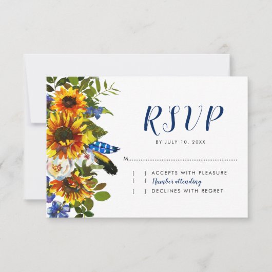 Rustieke Marine Zonnebloem Boho Wedding RSVP Kaartje (Voorkant)