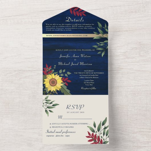 Rustieke Marine Zonnebloem Huwelijk All In One Uitnodiging (Binnen)