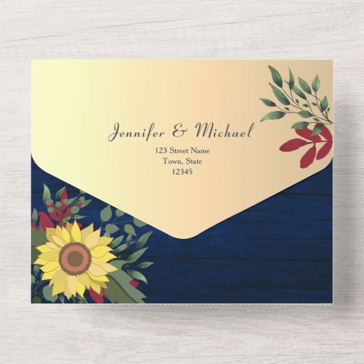 Rustieke Marine Zonnebloem Huwelijk All In One Uitnodiging (Achterkant)