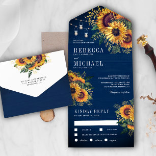 Rustieke marineblauwe houten boho zonnebloemen bru all in one uitnodiging