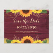 Rustieke Maroon Hout Zonnebloem Bruiloft Save the  Aankondigingskaart (Voorkant)