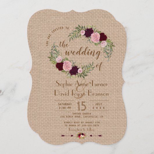 Rustieke Marsala Aquarel Bloemige Bruiloft Kaart (Voorkant / Achterkant)