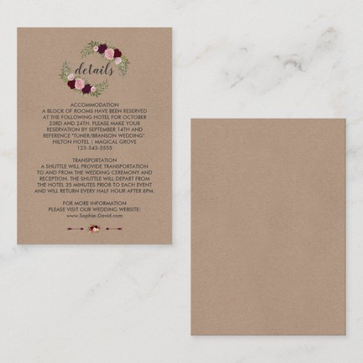 Rustieke Marsala Bloemen Ambacht Papier Trouwdetai Informatiekaartje (Voorkant / Achterkant)