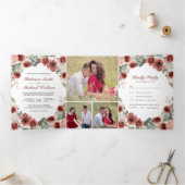 Rustieke Marsala Bloemen Foto Collage Bruiloft Drieluik Uitnodiging (Binnen)