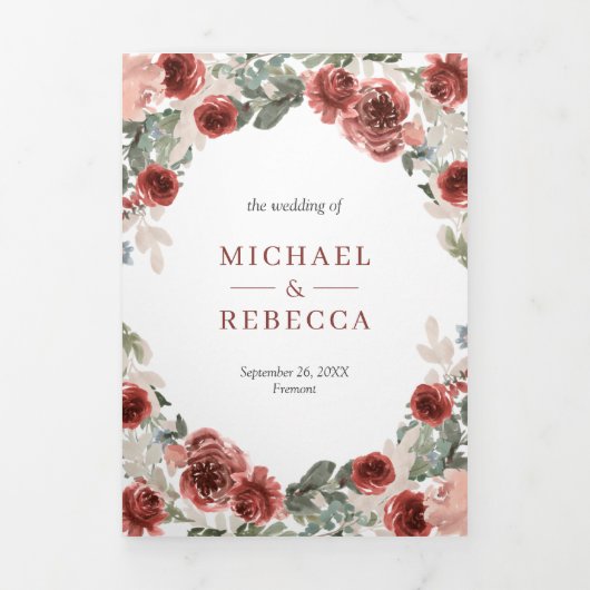 Rustieke Marsala Bloemen Foto Collage Bruiloft Drieluik Uitnodiging (Cover)