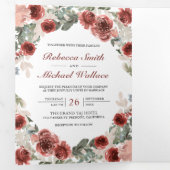 Rustieke Marsala Bloemen Foto Collage Bruiloft Drieluik Uitnodiging (Binnenzijde eerst)