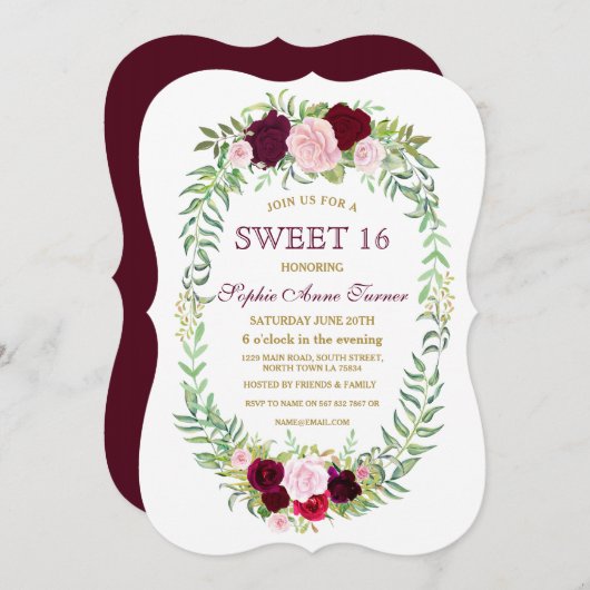 Rustieke Marsala Bloemenkrans Sweet 16 Invite Kaart (Voorkant / Achterkant)